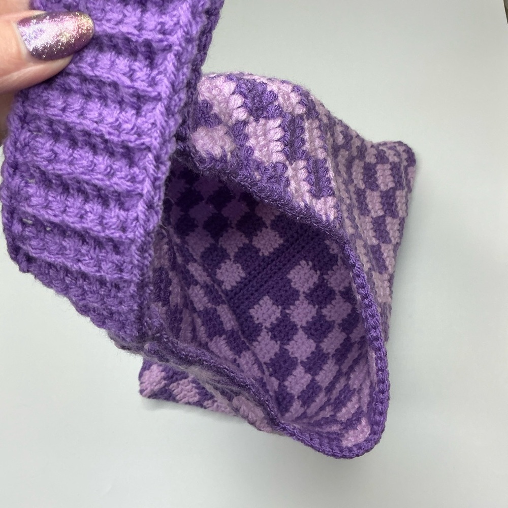 Handmade Amethyst & Soft Purple Checker Checkerboard Crochet Shoulder Tote Bag - Picture 11 of 16